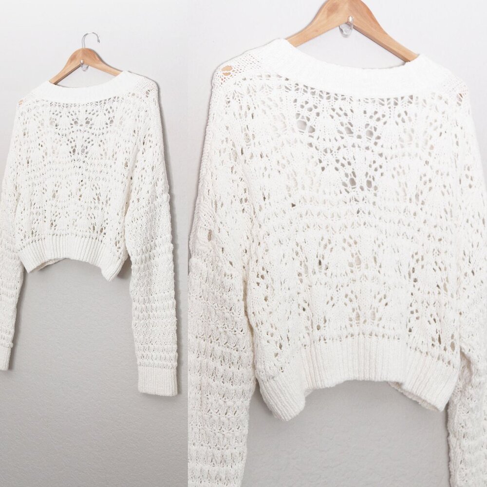 Free People Chloe Cardigan M Evening Cream White Loose Knit Cropped Sweater $128 - Picture 8 of 15